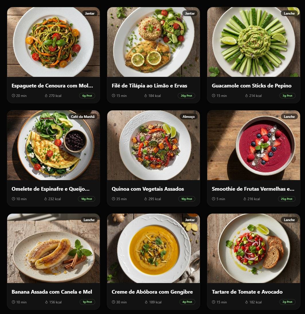 Variedade de receitas do app Comida de Dieta: omelete, quinoa, smoothie, tilápia, sopa e mais