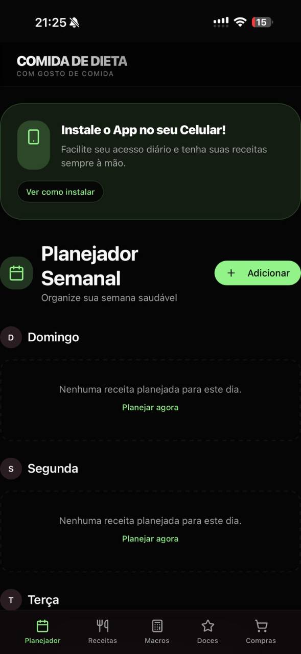 Planejador semanal de refeições no app Comida de Dieta