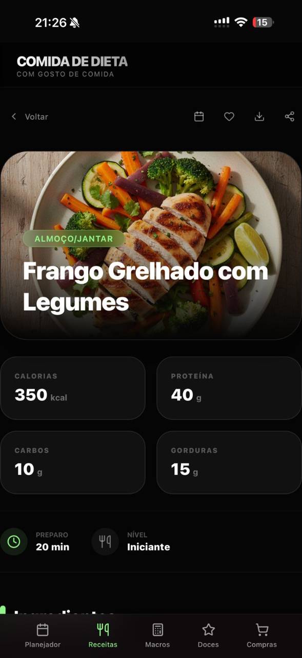 Folha de receita impressa do app Comida de Dieta