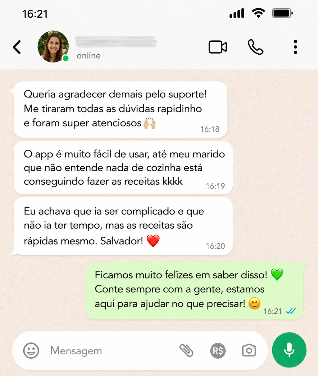 Cliente elogiando suporte e facilidade do app