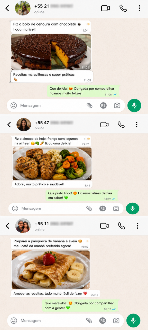 Clientes mostrando bolo de cenoura, frango e panqueca