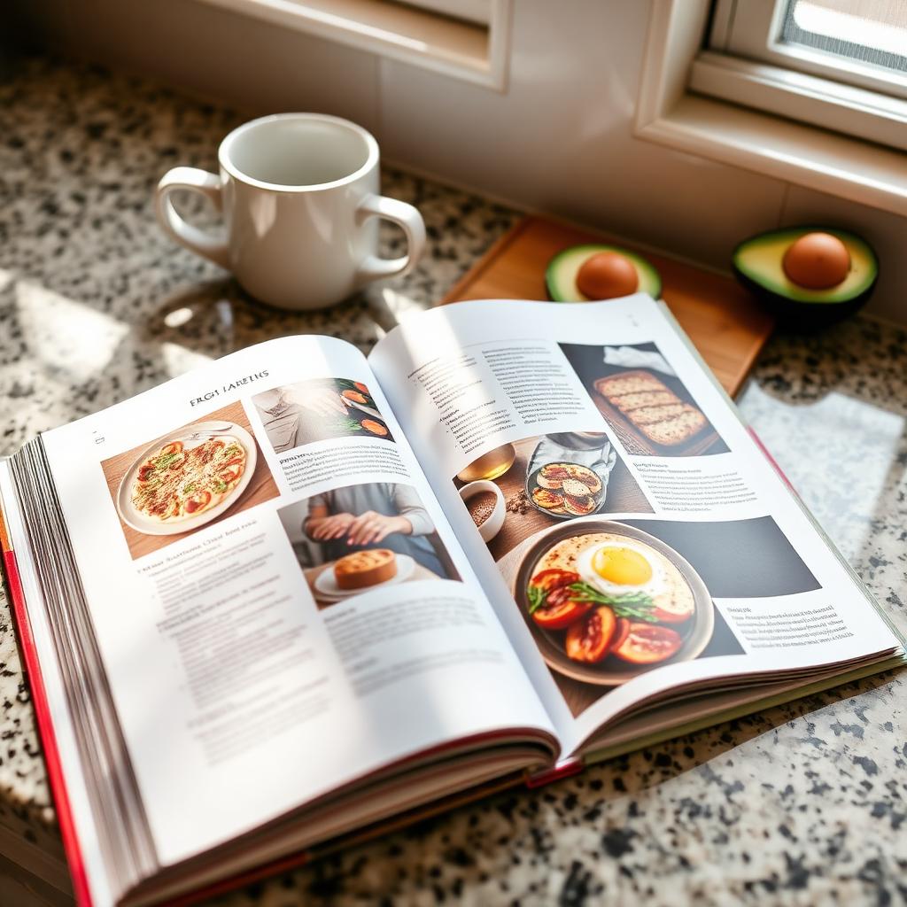 Livro de receitas impresso aberto sobre bancada de cozinha